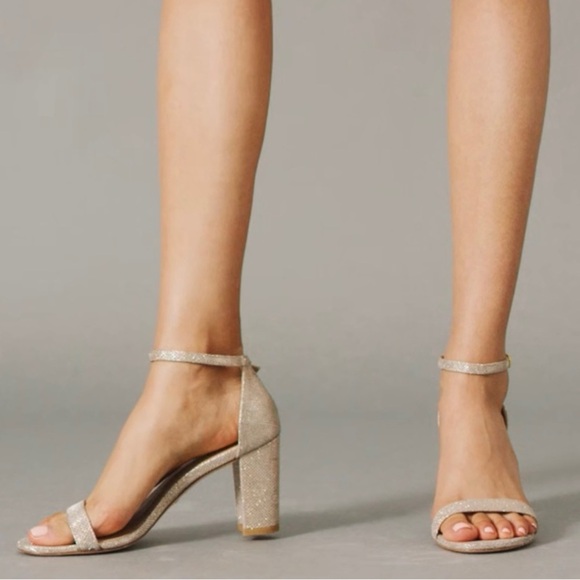 Stuart Weitzman Nudist Block 75 Gold Sandal - Picture 2 of 10